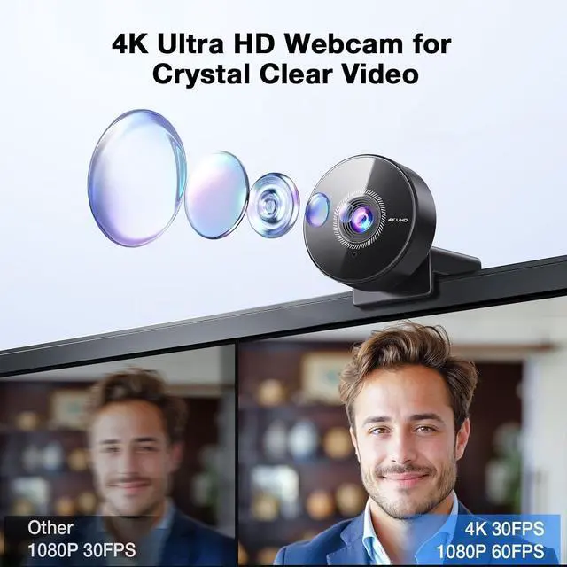 Alt view image 2 of 7 - C950 4K Webcam for PC - 8 Megapixels 4K UHD, PDAF Autofocus, Noise-Canceling Mic, 70° FOV, 1080P@60FPS, Privacy Cover, USB 2.0 Plug&Play, No Tripod Hole, Ideal Webcam for Zoom/Teams/Google Meet