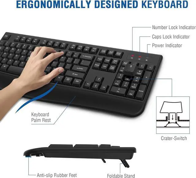 Alt view image 4 of 7 - Wireless Keyboard and Mouse Combo, 2.4G Full-Sized Ergonomic Computer Keyboard with Wrist Rest and 3 Level DPI Adjustable Wireless Mouse for Windows, Mac OS Desktop/Laptop/PC