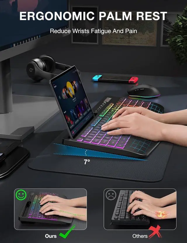 Alt view image 3 of 7 - Wireless Keyboard and Mouse Combo - 9 Backlit Effects, RGB, Ergonomic Wrist Rest, Phone Holder, 2.4G Full Size, Rechargeable, Sleep Mode, Quiet Keyboard Set for Computer, PC, Laptop, Mac, Windows