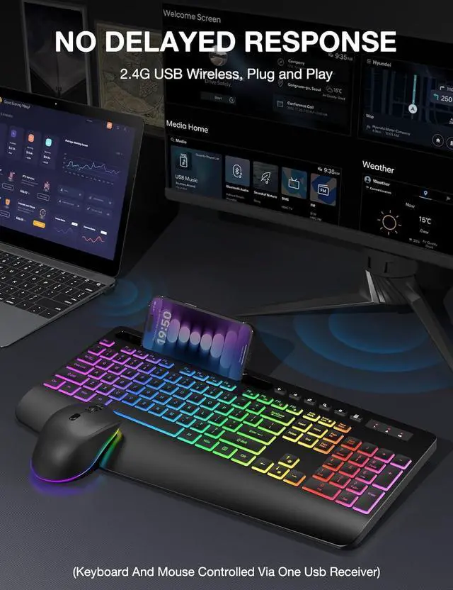 Alt view image 7 of 7 - Wireless Keyboard and Mouse Combo - 9 Backlit Effects, RGB, Ergonomic Wrist Rest, Phone Holder, 2.4G Full Size, Rechargeable, Sleep Mode, Quiet Keyboard Set for Computer, PC, Laptop, Mac, Windows