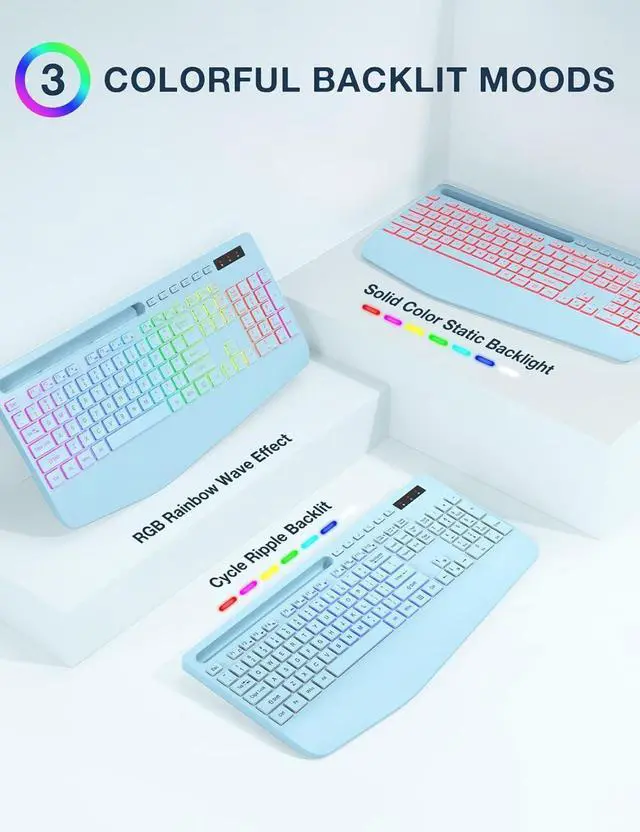 Alt view image 2 of 6 - Wireless Keyboard and Mouse Combo, 9 Backlit Effects, Wrist Rest, Phone Holder, 3 DPI Speed, 2.4G Ergonomic Keyboards, Rechargeable Silent Cordless Set for Computer, Laptop, Mac, Windows, Blue