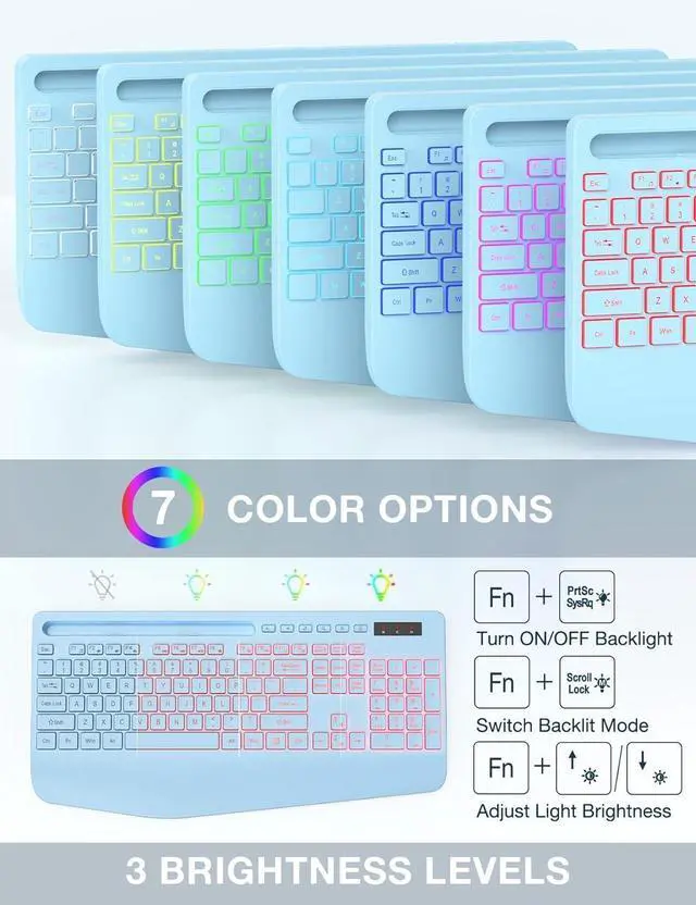 Alt view image 3 of 6 - Wireless Keyboard and Mouse Combo, 9 Backlit Effects, Wrist Rest, Phone Holder, 3 DPI Speed, 2.4G Ergonomic Keyboards, Rechargeable Silent Cordless Set for Computer, Laptop, Mac, Windows, Blue