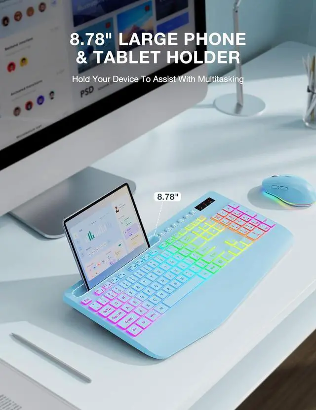 Alt view image 4 of 6 - Wireless Keyboard and Mouse Combo, 9 Backlit Effects, Wrist Rest, Phone Holder, 3 DPI Speed, 2.4G Ergonomic Keyboards, Rechargeable Silent Cordless Set for Computer, Laptop, Mac, Windows, Blue