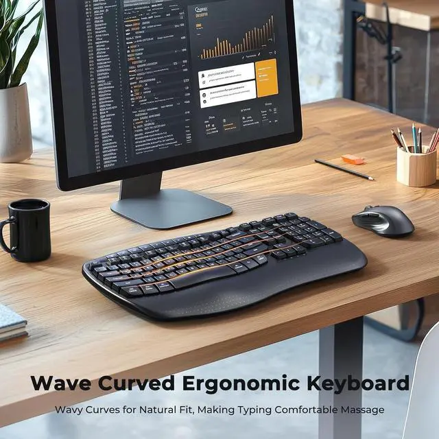 Alt view image 2 of 7 - New Ergonomic Keyboard and Mouse Wireless Combo, Wave Keys Natural Typing, 2.4G Wireless Keyboard with Wrist Rest, 4 Adjustable DPI Optical Mouse, Computer/Laptop/Windows/Mac, Black