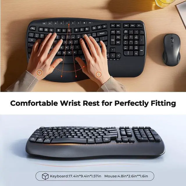 Alt view image 3 of 7 - New Ergonomic Keyboard and Mouse Wireless Combo, Wave Keys Natural Typing, 2.4G Wireless Keyboard with Wrist Rest, 4 Adjustable DPI Optical Mouse, Computer/Laptop/Windows/Mac, Black