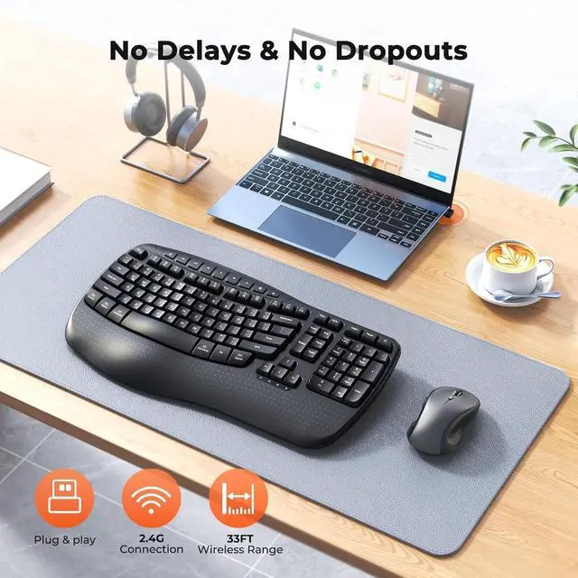 Alt view image 6 of 7 - New Ergonomic Keyboard and Mouse Wireless Combo, Wave Keys Natural Typing, 2.4G Wireless Keyboard with Wrist Rest, 4 Adjustable DPI Optical Mouse, Computer/Laptop/Windows/Mac, Black