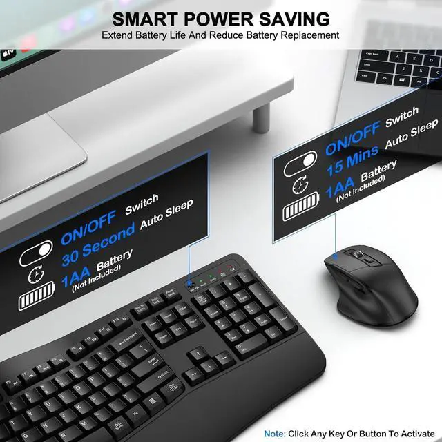 Alt view image 6 of 7 - Wireless Keyboard and Mouse Combo, 2.4G Full Size Wave Keys Ergonomic Keyboard with Wrist Rest and 3-Level DPI Adjustable Wireless Ergonomic Mouse for Windows, Mac OS Desktop/Laptop/PC(Black)