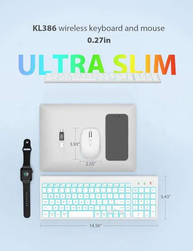 Alt view image 7 of 7 - Wireless Keyboard and Mouse Combo Backlit - Compact Quiet Keyboard with RGB Mouse, Rechargeable, Slim, Sleep Mode, Portable Cordless Keyboard Mouse Set for Mac, Windows, Laptop (Polar White)
