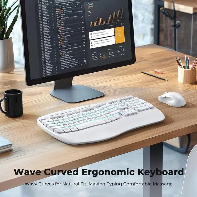 Alt view image 2 of 7 - New Ergonomic Keyboard and Mouse Wireless Combo, Wave Keys Natural Typing, 2.4G Wireless Keyboard with Wrist Rest, 4 Adjustable DPI Optical Mouse, Computer/Laptop/Windows/Mac, White