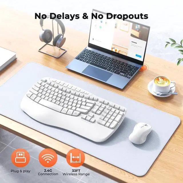 Alt view image 5 of 7 - New Ergonomic Keyboard and Mouse Wireless Combo, Wave Keys Natural Typing, 2.4G Wireless Keyboard with Wrist Rest, 4 Adjustable DPI Optical Mouse, Computer/Laptop/Windows/Mac, White