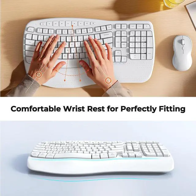 Alt view image 3 of 7 - New Ergonomic Keyboard and Mouse Wireless Combo, Wave Keys Natural Typing, 2.4G Wireless Keyboard with Wrist Rest, 4 Adjustable DPI Optical Mouse, Computer/Laptop/Windows/Mac, White