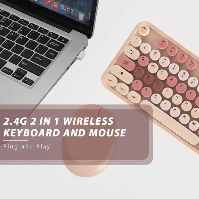 Alt view image 5 of 7 - Wireless Keyboard and Mouse, Cute Keyboard and Mouse, 2.4G Wireless Keyboard with Retro Round Keycap for PC, Mac, Laptop,Computer Windows (Milk Tea)
