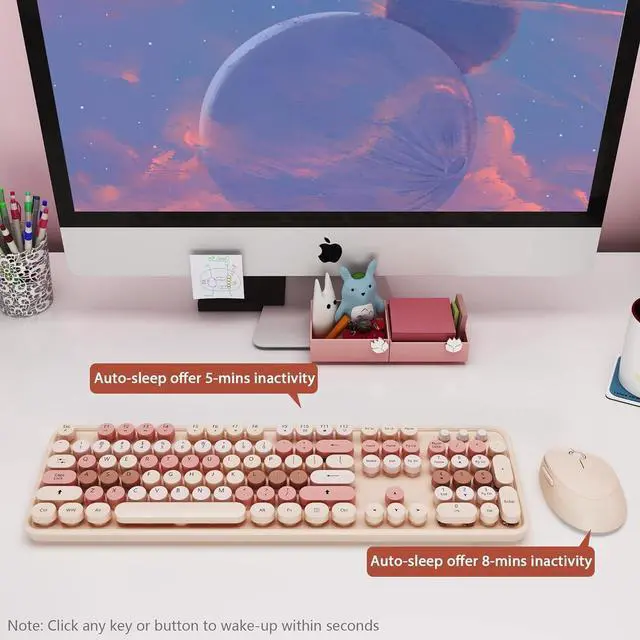 Alt view image 7 of 7 - Wireless Keyboard and Mouse, Cute Keyboard and Mouse, 2.4G Wireless Keyboard with Retro Round Keycap for PC, Mac, Laptop,Computer Windows (Milk Tea)