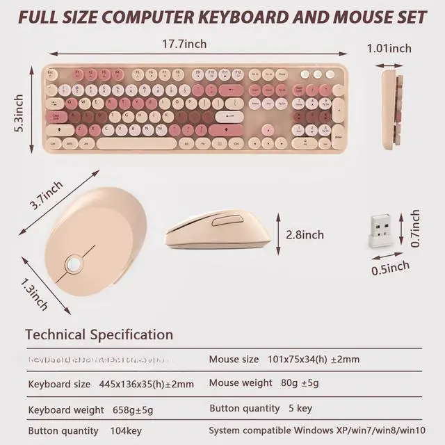 Alt view image 6 of 7 - Wireless Keyboard and Mouse, Cute Keyboard and Mouse, 2.4G Wireless Keyboard with Retro Round Keycap for PC, Mac, Laptop,Computer Windows (Milk Tea)