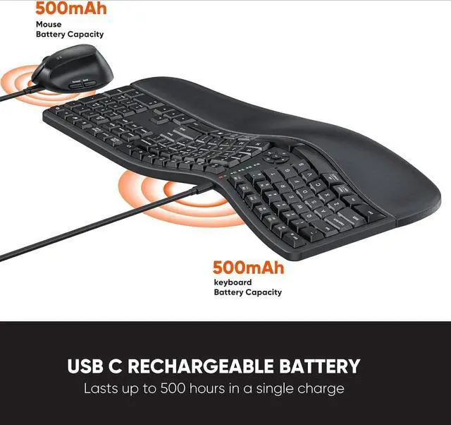 Alt view image 3 of 7 - Ergonomic Wireless Keyboard and Mouse, Ergo Keyboard with Vertical Mouse, Split Curved Keyboard with Wrist Rest, Natural Typing Rechargeable Full Size, Windows/Mac/Computer/Laptop, Large Size