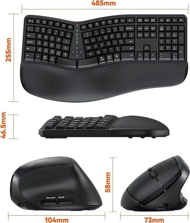 Alt view image 5 of 7 - Ergonomic Wireless Keyboard and Mouse, Ergo Keyboard with Vertical Mouse, Split Curved Keyboard with Wrist Rest, Natural Typing Rechargeable Full Size, Windows/Mac/Computer/Laptop, Large Size