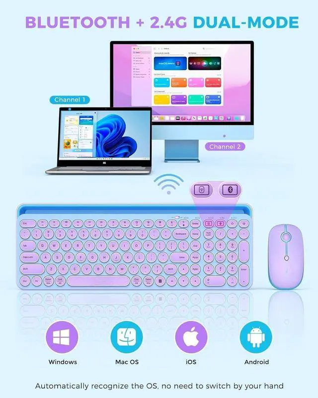 Alt view image 2 of 7 - Bluetooth Keyboard and Mouse for iPad, CTU-301 Multi-Device Bluetooth + 2.4G Wireless Keyboard Mouse with Tablet Holder for MacBook/Windows Computer, iOS/Andriod Tablet Phone, Blue & Purple