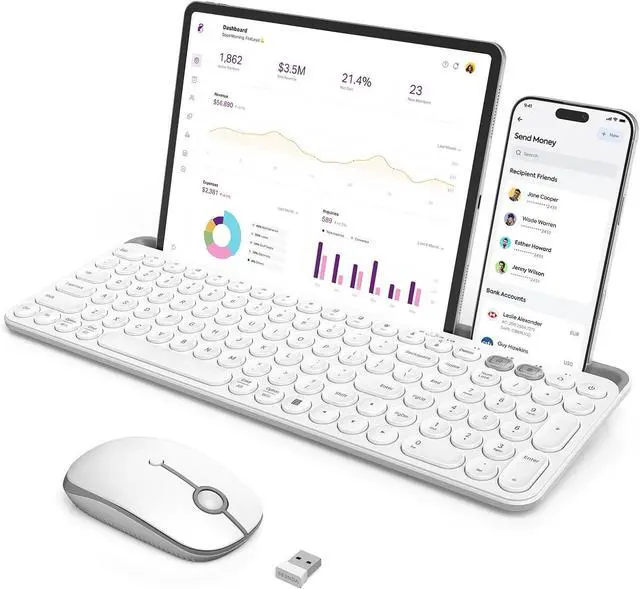 Main image of Bluetooth Keyboard and Mouse for iPad, CTU-301 Multi-Device Bluetooth + 2.4G Wireless Keyboard Mouse with Tablet Holder for MacBook/Windows Computer, iOS/Andriod Tablet Phone, White