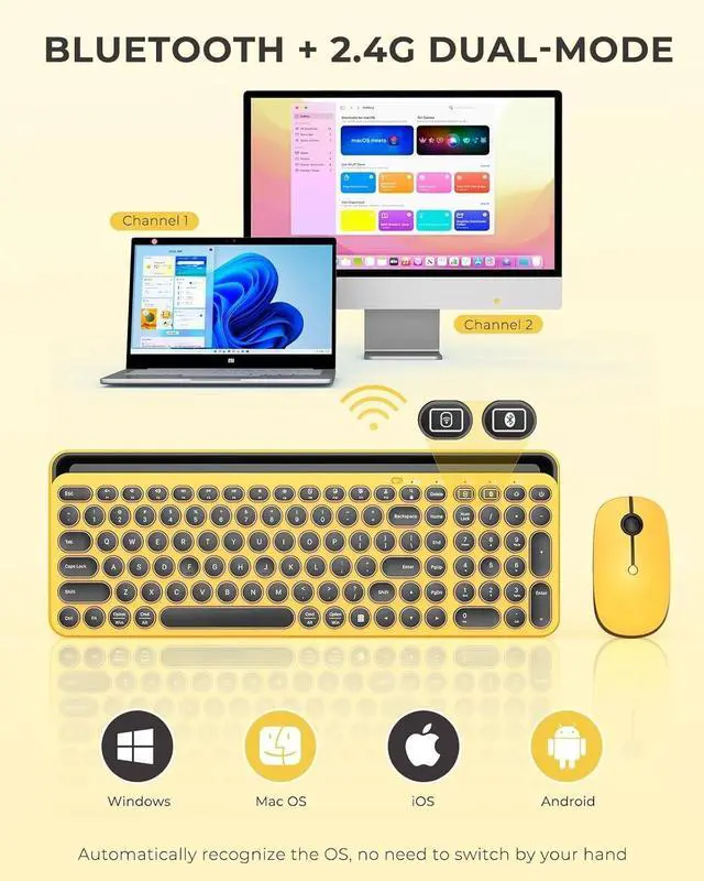 Alt view image 2 of 7 - Bluetooth Keyboard and Mouse for iPad, CTU-301 Multi-Device Bluetooth + 2.4G Wireless Keyboard Mouse with Tablet Holder for MacBook/Windows Computer, iOS/Andriod Tablet Phone, Yellow