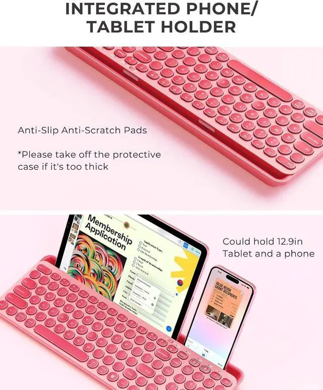 Alt view image 3 of 7 - Bluetooth Keyboard and Mouse for iPad, CTU-301 Multi-Device Bluetooth + 2.4G Wireless Keyboard Mouse with Tablet Holder for MacBook/Windows Computer, iOS/Andriod Tablet Phone, Coral Pink