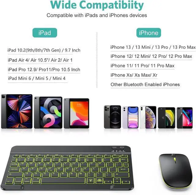 Alt view image 3 of 6 - Bluetooth Keyboard and Mouse Combo for iPad - Rechargeable Wireless Keyboard & Mouse with 7-Color Backlit Compatible with iPad 10th/9th/8th Gen, iPad Pro/Air/Mini, iPhone15/14/13 Pro, Black