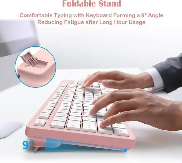 Alt view image 4 of 7 - Pink Wireless Keyboard and Mouse Combo, Full-Sized Ergonomic Computer Keyboard, 2.4GHz Cordless Keyboard Silent Mouse Set with 2-in-1 USB Receiver, 12 FN Shortcuts for Windows Laptop, PC/Mac