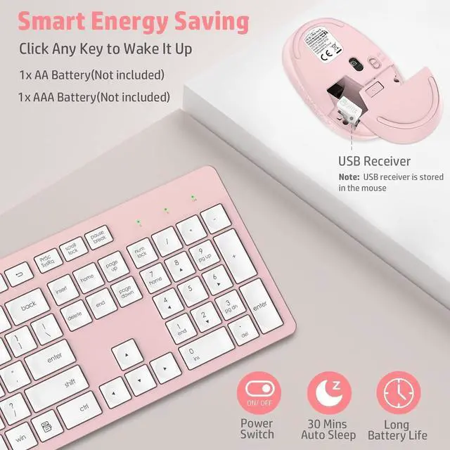Alt view image 5 of 7 - Pink Wireless Keyboard and Mouse Combo, Full-Sized Ergonomic Computer Keyboard, 2.4GHz Cordless Keyboard Silent Mouse Set with 2-in-1 USB Receiver, 12 FN Shortcuts for Windows Laptop, PC/Mac