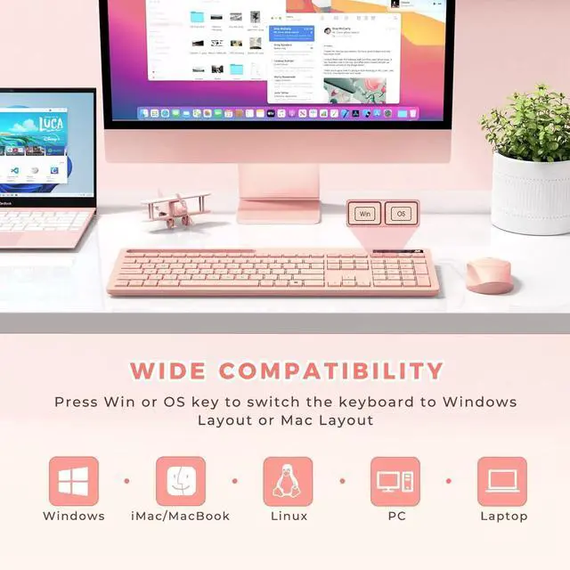 Alt view image 3 of 7 - FOR Wireless Keyboard and Mouse for MacBook, Pink Rose Wireless Keyboard with Phone Holder, USB A & Type C Receivr, Full-Size Combo for Mac, MacBook/Air/Pro Windows PC Computer