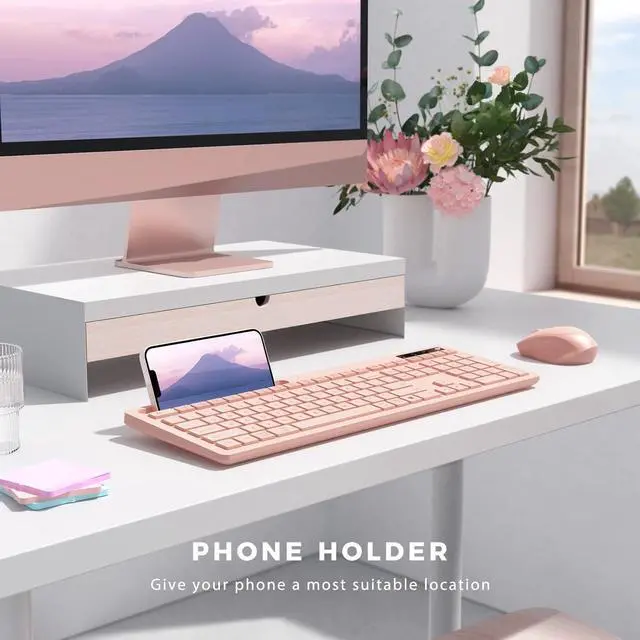 Alt view image 4 of 7 - FOR Wireless Keyboard and Mouse for MacBook, Pink Rose Wireless Keyboard with Phone Holder, USB A & Type C Receivr, Full-Size Combo for Mac, MacBook/Air/Pro Windows PC Computer