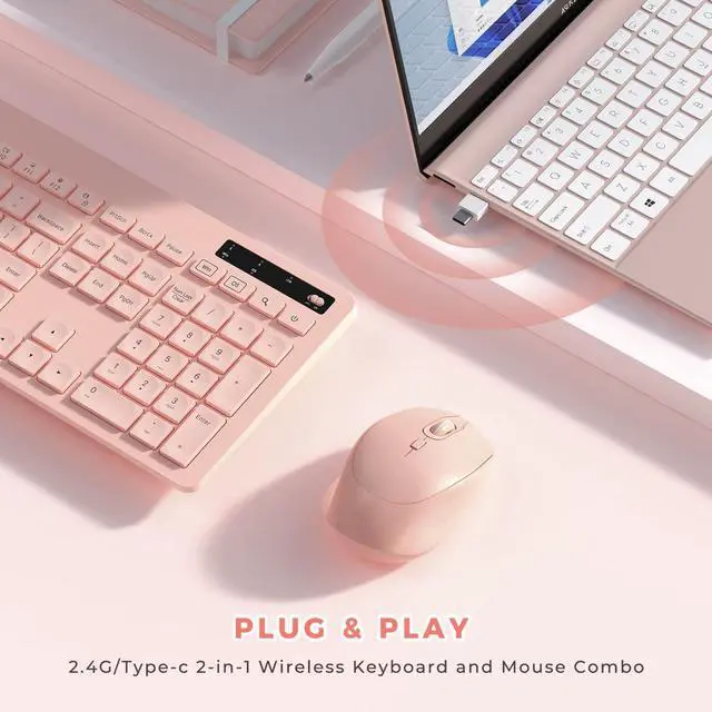 Alt view image 5 of 7 - FOR Wireless Keyboard and Mouse for MacBook, Pink Rose Wireless Keyboard with Phone Holder, USB A & Type C Receivr, Full-Size Combo for Mac, MacBook/Air/Pro Windows PC Computer