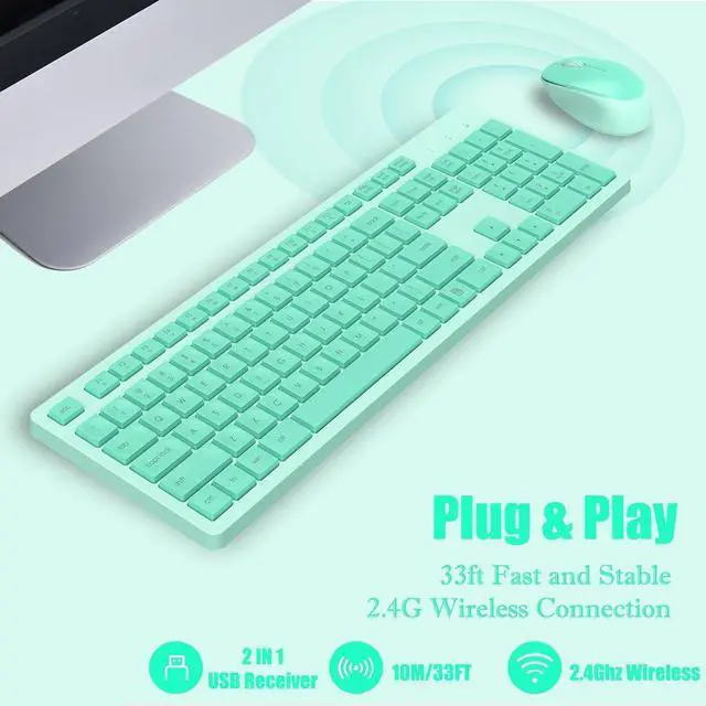 Alt view image 2 of 6 - K786 Wireless Keyboard and Mouse Combo, 2.4GHz Lag-Free Wireless, Full Size Ergonomic Keyboard Silent Mouse for Windows Mac PC Laptop, 12 FN Shortcuts, Long Battery Life - Mint Green