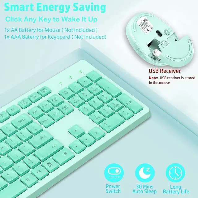 Alt view image 5 of 6 - K786 Wireless Keyboard and Mouse Combo, 2.4GHz Lag-Free Wireless, Full Size Ergonomic Keyboard Silent Mouse for Windows Mac PC Laptop, 12 FN Shortcuts, Long Battery Life - Mint Green