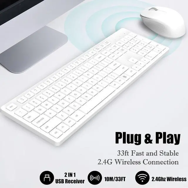 Alt view image 2 of 6 - White Wireless Keyboard and Mouse Combo, Full-Sized Ergonomic Computer Keyboard, 2.4GHz USB Cordless Keyboard Silent Mouse Set, 12 FN Shortcuts for Windows MacOS Laptop Computer
