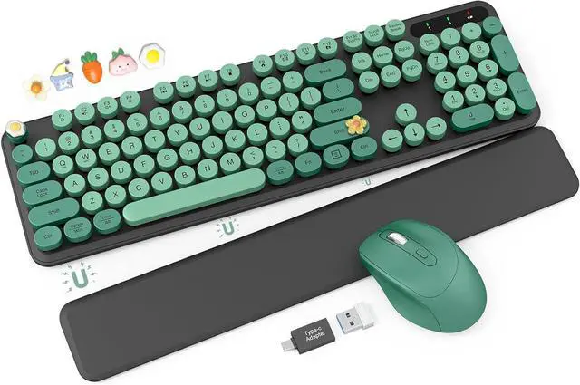 Main image of FOR-Wireless Keyboard and Mouse Combo - Cute Typewriter Keyboard with Detachable Wrist Rest, Retro Round Keycaps, Foldable Legs, 2.4GHz Keyboards for PC Laptop, Mac, Windows (Black and Green)