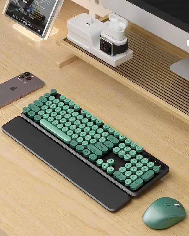 Alt view image 2 of 7 - FOR-Wireless Keyboard and Mouse Combo - Cute Typewriter Keyboard with Detachable Wrist Rest, Retro Round Keycaps, Foldable Legs, 2.4GHz Keyboards for PC Laptop, Mac, Windows (Black and Green)
