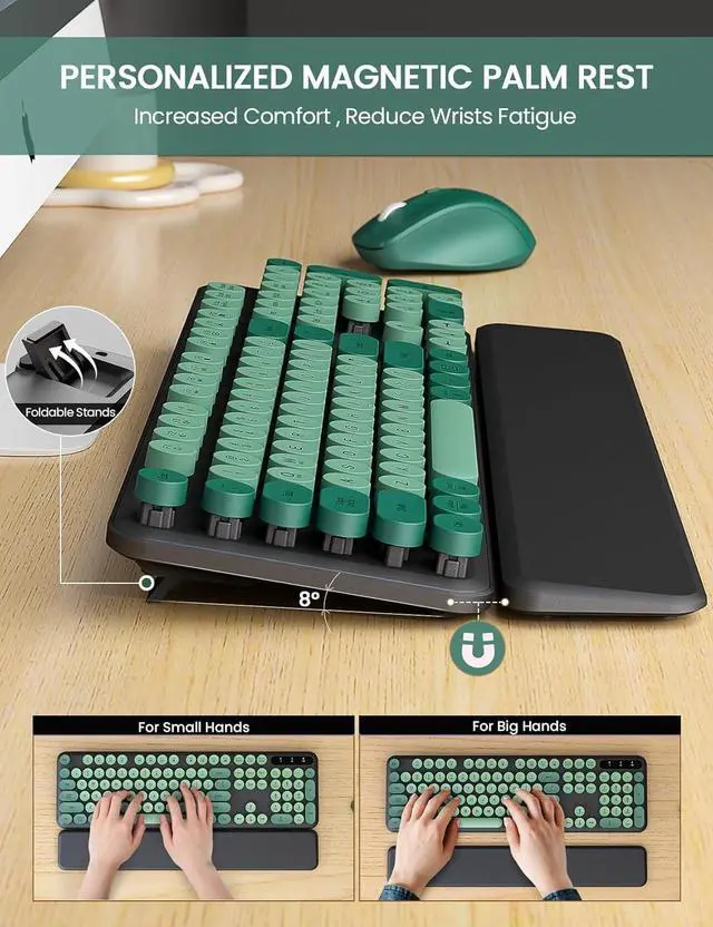 Alt view image 3 of 7 - FOR-Wireless Keyboard and Mouse Combo - Cute Typewriter Keyboard with Detachable Wrist Rest, Retro Round Keycaps, Foldable Legs, 2.4GHz Keyboards for PC Laptop, Mac, Windows (Black and Green)