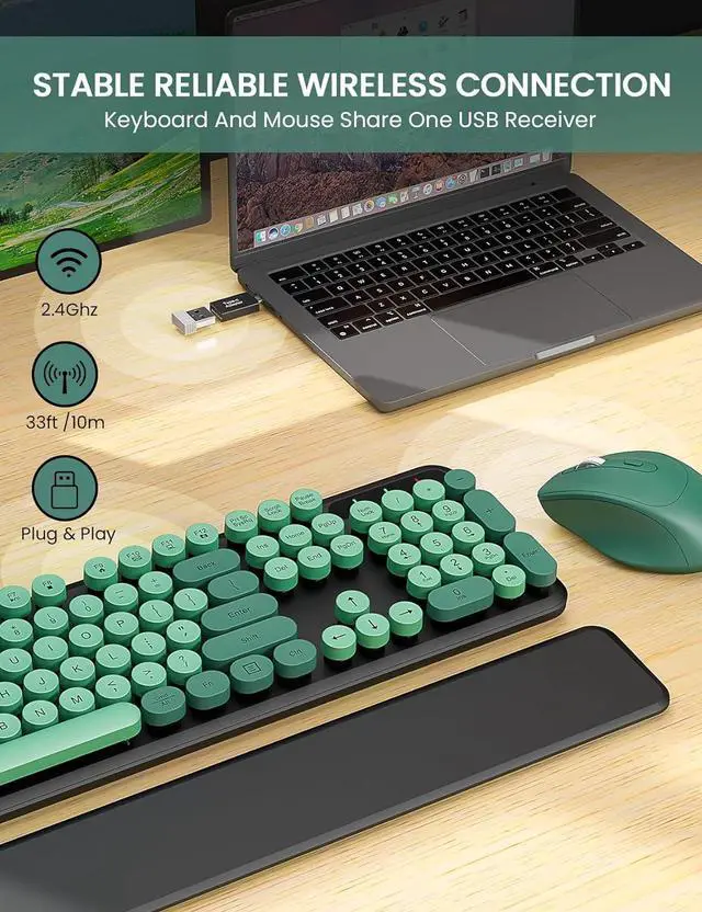 Alt view image 4 of 7 - FOR-Wireless Keyboard and Mouse Combo - Cute Typewriter Keyboard with Detachable Wrist Rest, Retro Round Keycaps, Foldable Legs, 2.4GHz Keyboards for PC Laptop, Mac, Windows (Black and Green)