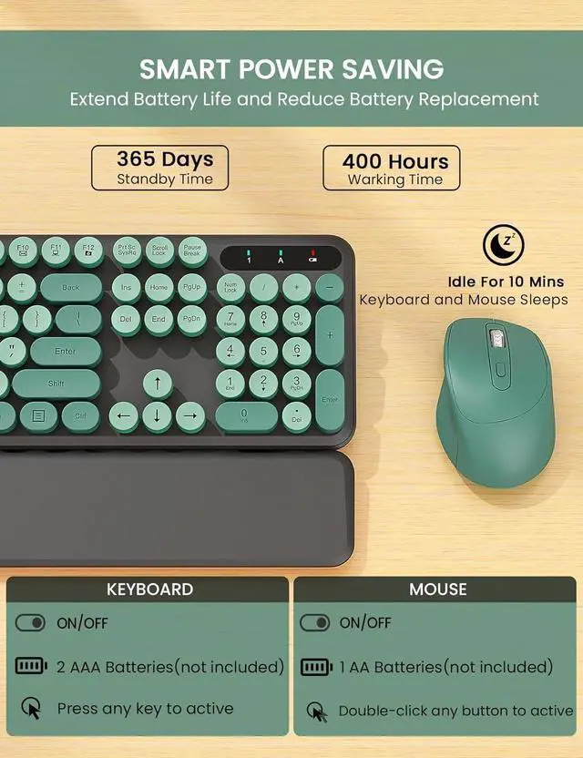 Alt view image 5 of 7 - FOR-Wireless Keyboard and Mouse Combo - Cute Typewriter Keyboard with Detachable Wrist Rest, Retro Round Keycaps, Foldable Legs, 2.4GHz Keyboards for PC Laptop, Mac, Windows (Black and Green)