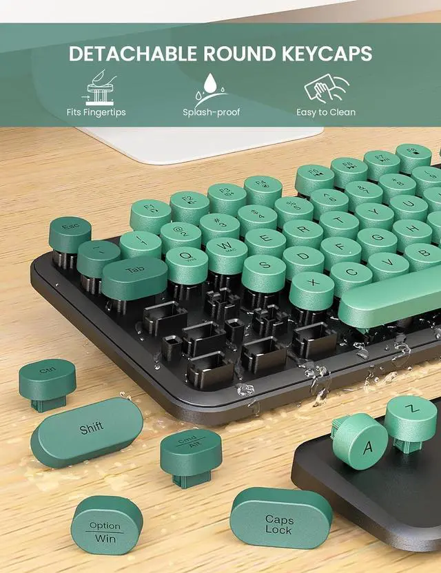 Alt view image 6 of 7 - FOR-Wireless Keyboard and Mouse Combo - Cute Typewriter Keyboard with Detachable Wrist Rest, Retro Round Keycaps, Foldable Legs, 2.4GHz Keyboards for PC Laptop, Mac, Windows (Black and Green)