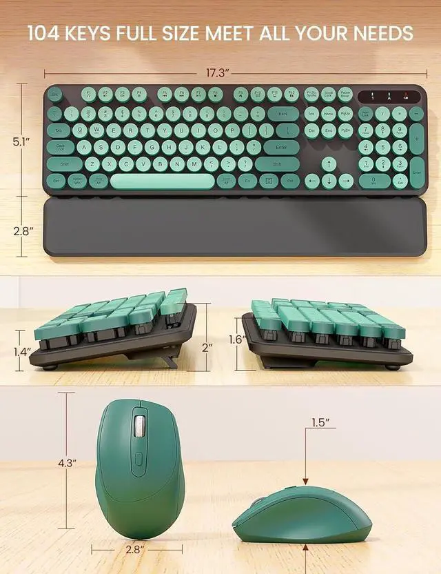 Alt view image 7 of 7 - FOR-Wireless Keyboard and Mouse Combo - Cute Typewriter Keyboard with Detachable Wrist Rest, Retro Round Keycaps, Foldable Legs, 2.4GHz Keyboards for PC Laptop, Mac, Windows (Black and Green)