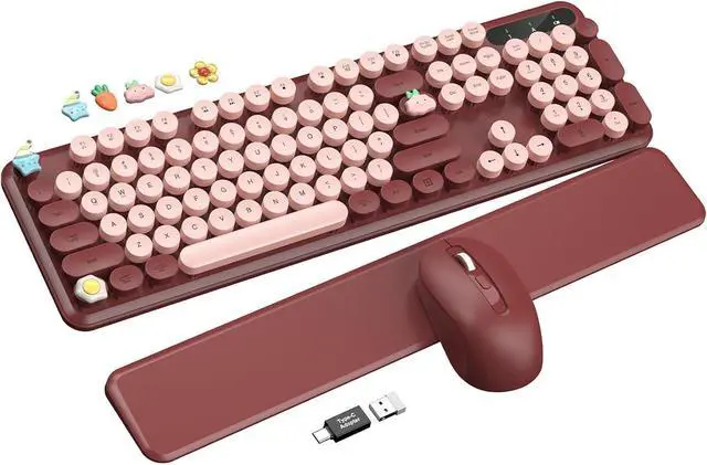 Main image of Wireless Keyboard and Mouse Combo - Cute Typewriter Keyboard with Detachable Wrist Rest, Retro Round Keycaps, Foldable Legs, 2.4GHz Full-Size Keyboard for PC, Laptop, Windows - Wine Red