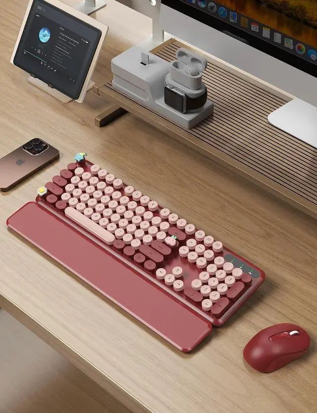 Alt view image 2 of 6 - Wireless Keyboard and Mouse Combo - Cute Typewriter Keyboard with Detachable Wrist Rest, Retro Round Keycaps, Foldable Legs, 2.4GHz Full-Size Keyboard for PC, Laptop, Windows - Wine Red