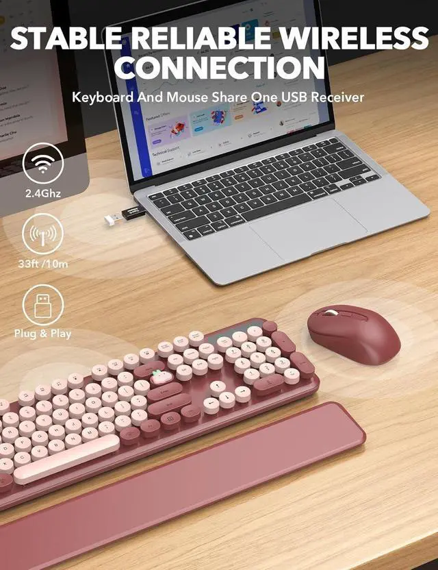 Alt view image 4 of 6 - Wireless Keyboard and Mouse Combo - Cute Typewriter Keyboard with Detachable Wrist Rest, Retro Round Keycaps, Foldable Legs, 2.4GHz Full-Size Keyboard for PC, Laptop, Windows - Wine Red