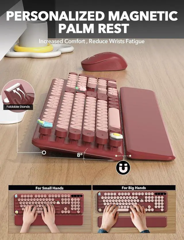 Alt view image 3 of 6 - Wireless Keyboard and Mouse Combo - Cute Typewriter Keyboard with Detachable Wrist Rest, Retro Round Keycaps, Foldable Legs, 2.4GHz Full-Size Keyboard for PC, Laptop, Windows - Wine Red