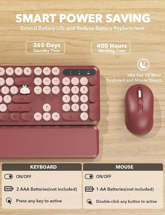Alt view image 5 of 6 - Wireless Keyboard and Mouse Combo - Cute Typewriter Keyboard with Detachable Wrist Rest, Retro Round Keycaps, Foldable Legs, 2.4GHz Full-Size Keyboard for PC, Laptop, Windows - Wine Red