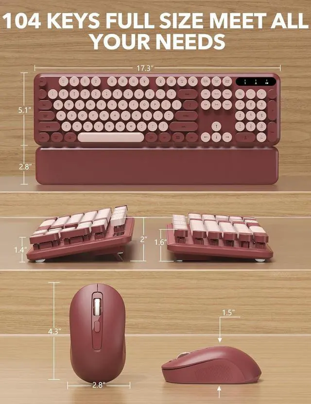 Alt view image 6 of 6 - Wireless Keyboard and Mouse Combo - Cute Typewriter Keyboard with Detachable Wrist Rest, Retro Round Keycaps, Foldable Legs, 2.4GHz Full-Size Keyboard for PC, Laptop, Windows - Wine Red