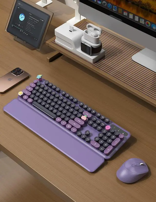Alt view image 2 of 7 - FOR Wireless Keyboard and Mouse - Cute Typewriter Keyboard with Detachable Wrist Rest, Retro Round Keycaps, Foldable Legs, 2.4GHz Full-Size Keyboard Combo for PC, Laptop, Windows (Grape Purple)