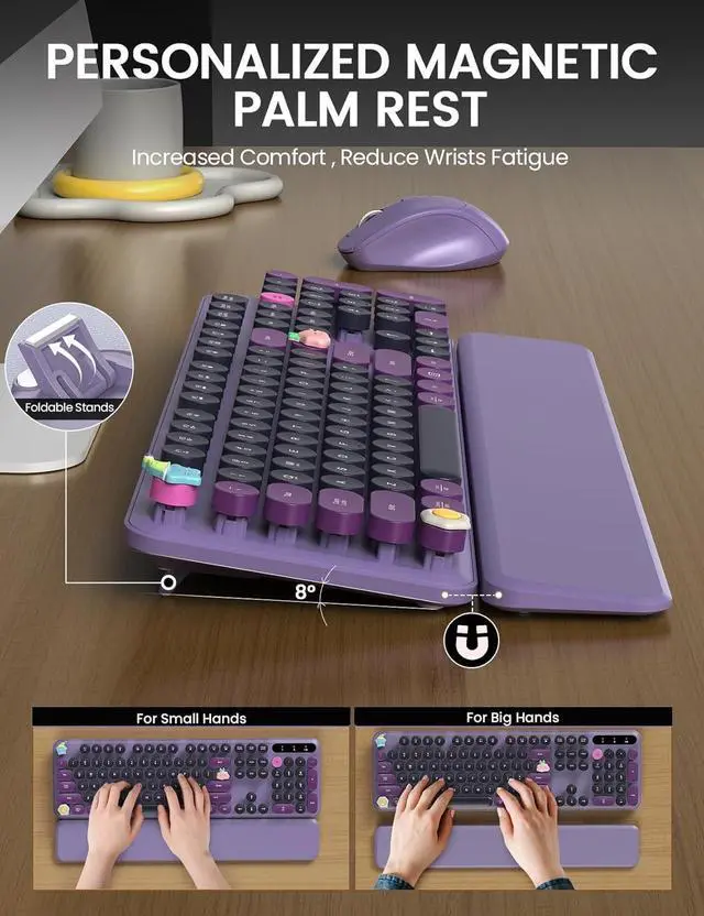 Alt view image 3 of 7 - FOR Wireless Keyboard and Mouse - Cute Typewriter Keyboard with Detachable Wrist Rest, Retro Round Keycaps, Foldable Legs, 2.4GHz Full-Size Keyboard Combo for PC, Laptop, Windows (Grape Purple)