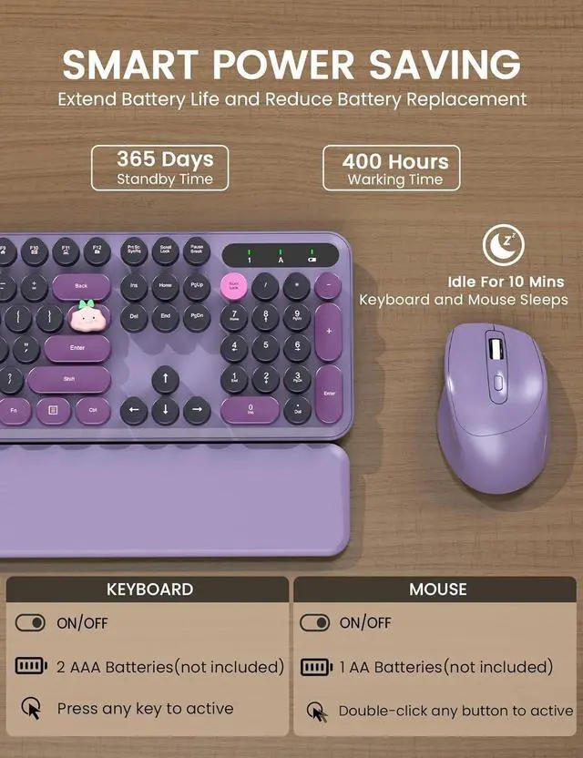 Alt view image 5 of 7 - FOR Wireless Keyboard and Mouse - Cute Typewriter Keyboard with Detachable Wrist Rest, Retro Round Keycaps, Foldable Legs, 2.4GHz Full-Size Keyboard Combo for PC, Laptop, Windows (Grape Purple)