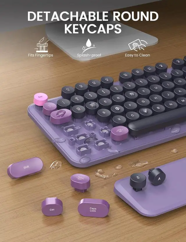 Alt view image 6 of 7 - FOR Wireless Keyboard and Mouse - Cute Typewriter Keyboard with Detachable Wrist Rest, Retro Round Keycaps, Foldable Legs, 2.4GHz Full-Size Keyboard Combo for PC, Laptop, Windows (Grape Purple)